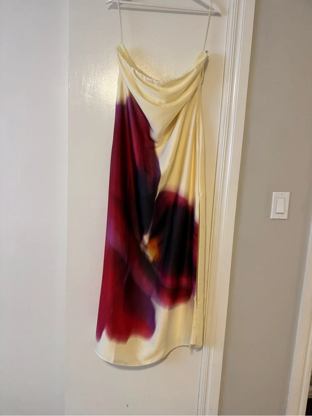 Draped Satin Floral Print Maxi Skirt - yellow & Burgundy